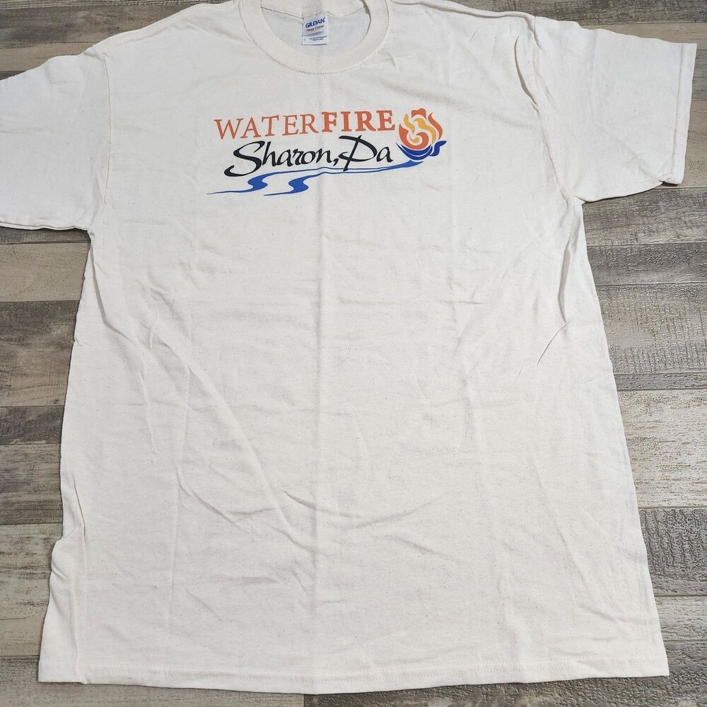 WaterFire Sharon Pennsylvania Festival Graphic T-Shirt Mens L Cream Fire Art